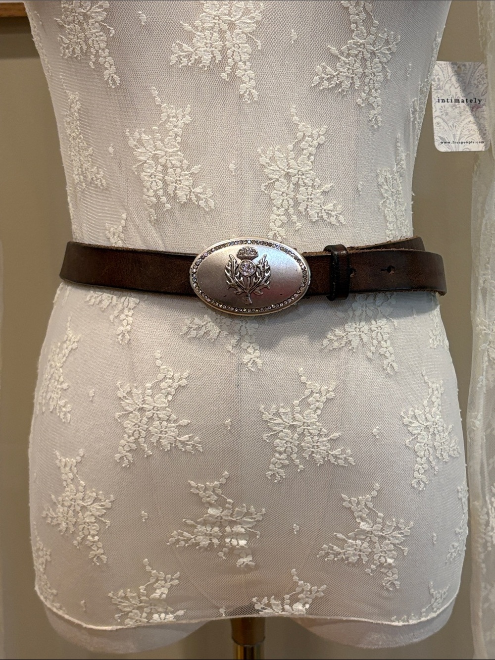 Vintage Ralph Lauren Skinny Leather Belt with Scottish Thistle Crystal Buckle L